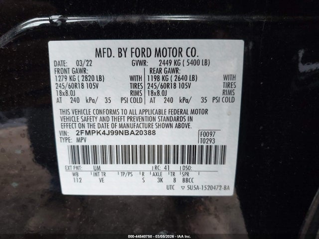 44540750 :رقم المزاد ، 2FMPK4J99NBA20388 vin ، 2022 Ford Edge Sel مزاد بيع