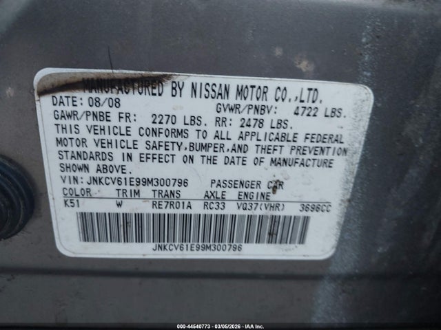 Aukcja sprzedaży 2009 Infiniti G37 Journey, vin: JNKCV61E99M300796, numer aukcji: 44540773