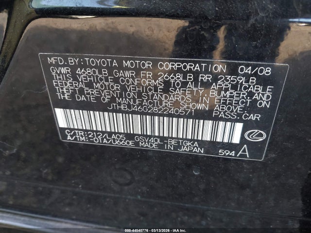 44540776 :رقم المزاد ، JTHBJ46G282240571 vin ، 2008 Lexus Es 350 مزاد بيع