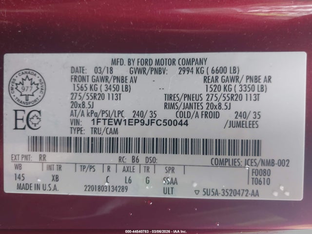 Aukcja sprzedaży 2018 Ford F-150 Xlt, vin: 1FTEW1EP9JFC50044, numer aukcji: 44540783