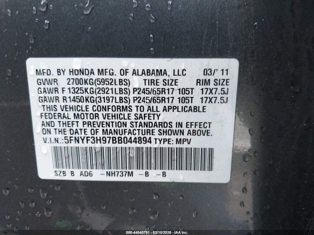 Продаж на аукціоні авто 2011 Honda Pilot Touring, vin: 5FNYF3H97BB044894, номер лоту: 44540791