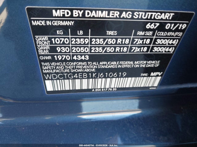 WDCTG4EB1KJ610619 Mercedes-Benz GLA 250