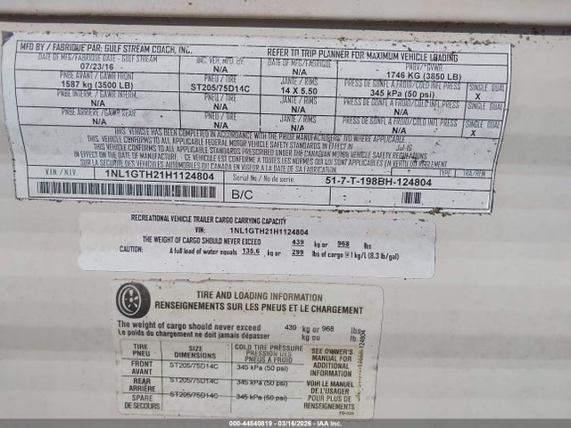 Продаж на аукціоні авто 2017 Gulfstream Ameri Lite, vin: 1NL1GTH21H1124804, номер лоту: 44540819