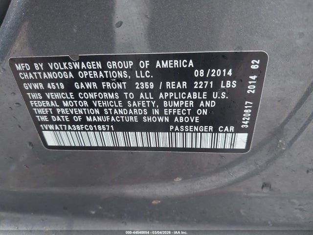 2015 Volkswagen Passat 1.8t Wolfsburg Edition მანქანა იყიდება აუქციონზე, vin: 1VWAT7A38FC018571, აუქციონის ნომერი: 44540854