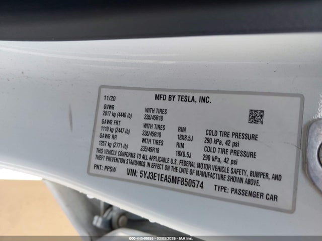 2021 TESLA MODEL 3 5YJ3E1EA5MF850574 Photo 8