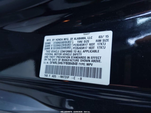 Honda Odyssey Ex-l 2015 5FNRL5H67FB084848 Image 9