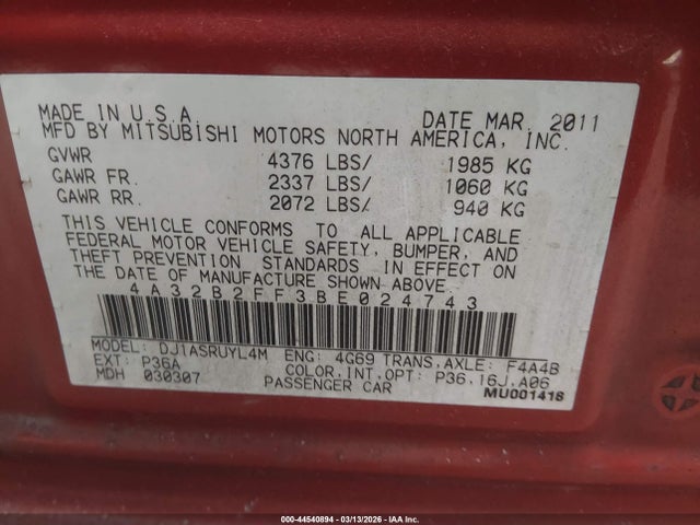 2011 MITSUBISHI GALANT 4A32B2FF3BE024743 Photo 8