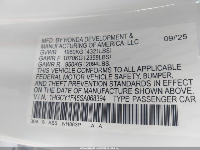 Продаж на аукціоні авто 2025 Honda Accord Se, vin: 1HGCY1F45SA068394, номер лоту: 44540896