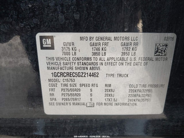 1GCRCREC5GZ214462 Chevrolet Silverado 1500 1lt