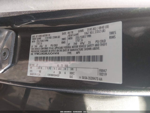 44540934 :رقم المزاد ، 1FMCU9G96JUC41416 vin ، 2018 Ford Escape Se مزاد بيع