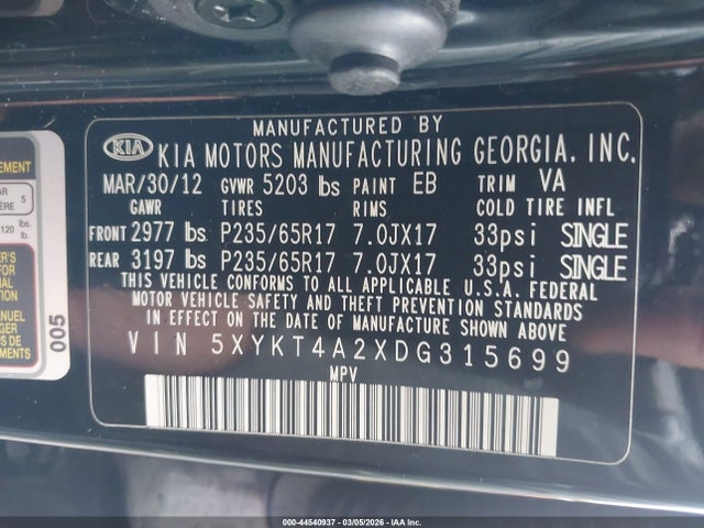 Продажа на аукционе авто 2013 Kia Sorento Lx V6, vin: 5XYKT4A2XDG315699, номер лота: 44540937