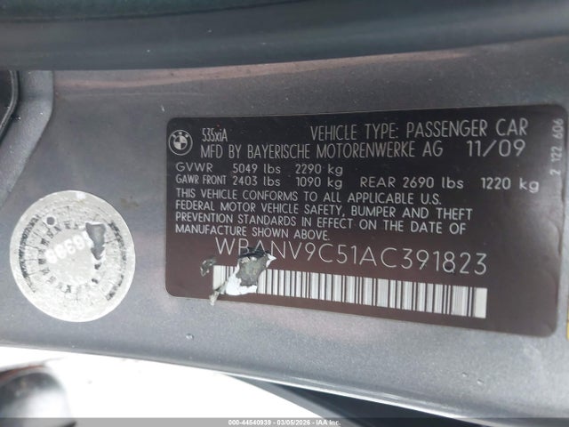 44540939 :رقم المزاد ، WBANV9C51AC391823 vin ، 2010 Bmw 535i Xdrive مزاد بيع