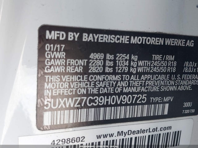 5UXWZ7C39H0V90725 BMW X3 Sdrive28i