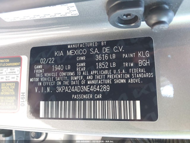 Aukcja sprzedaży 2022 Kia Rio S, vin: 3KPA24AD3NE464289, numer aukcji: 44540961