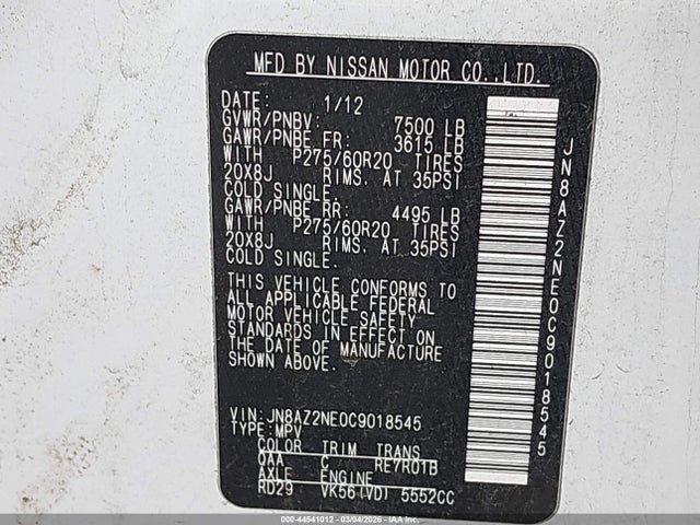 Aukcja sprzedaży 2012 Infiniti Qx56, vin: JN8AZ2NE0C9018545, numer aukcji: 44541012