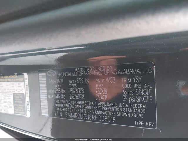 Aukcja sprzedaży 2024 Hyundai Santa Fe Hybrid Sel, vin: 5NMP2DG18RH008018, numer aukcji: 44541127