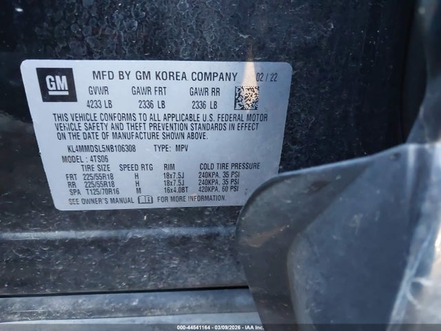 44541164 :رقم المزاد ، KL4MMDSL5NB106308 vin ، 2022 Buick Encore Gx Fwd Select مزاد بيع