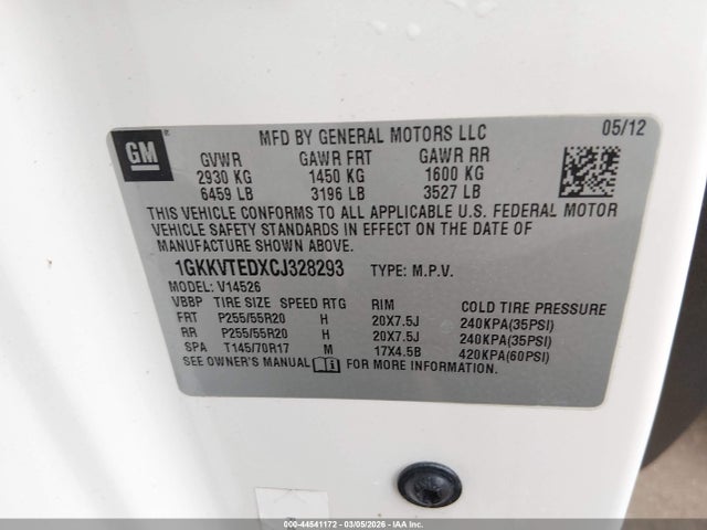 44541172 :رقم المزاد ، 1GKKVTEDXCJ328293 vin ، 2012 Gmc Acadia Denali مزاد بيع