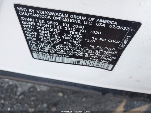2022 Volkswagen Atlas Cross Sport 3.6l V6 Se W/technology მანქანა იყიდება აუქციონზე, vin: 1V2JE2CA1NC229135, აუქციონის ნომერი: 44541221