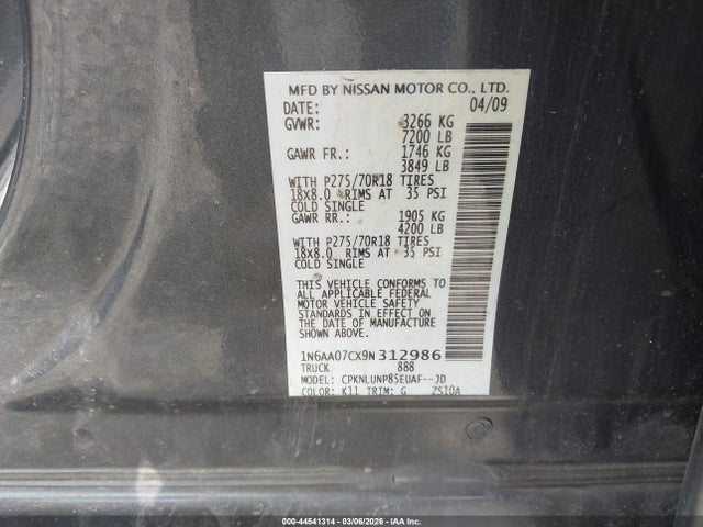 2009 Nissan Titan Pro-4x მანქანა იყიდება აუქციონზე, vin: 1N6AA07CX9N312986, აუქციონის ნომერი: 44541314