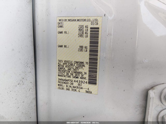 44541347 :رقم المزاد ، 1N4AA6AP7GC443924 vin ، 2016 Nissan Maxima 3.5 Sv مزاد بيع
