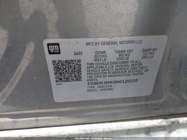 44541359 :رقم المزاد ، 1G6DK5RK6N0125530 vin ، 2022 Cadillac Ct4 Luxury مزاد بيع
