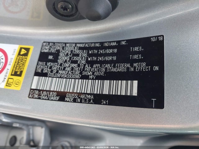44541363 :رقم المزاد ، 5TDJZRFH5KS930987 vin ، 2019 Toyota Highlander Xle مزاد بيع