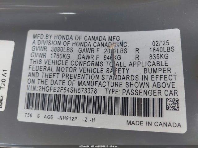 2HGFE2F54SH573378 Honda Civic Sport