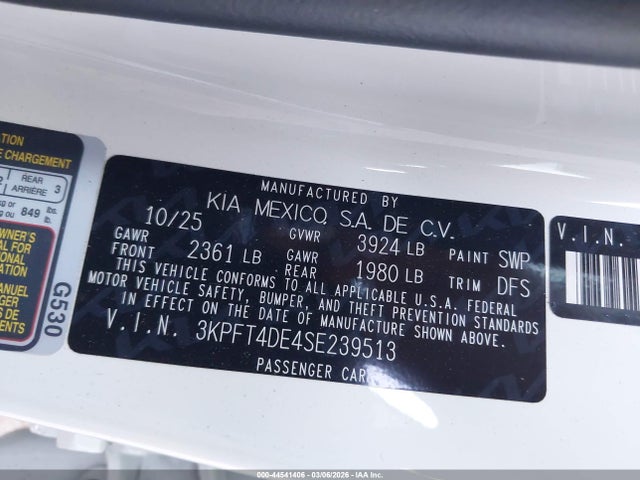 44541406 :رقم المزاد ، 3KPFT4DE4SE239513 vin ، 2025 Kia K4 Lx مزاد بيع