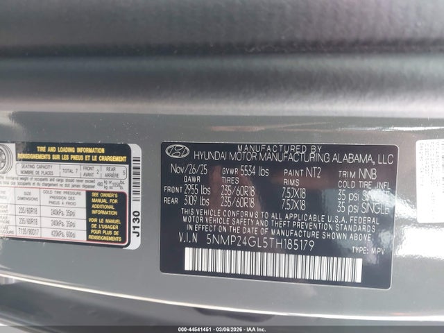 Aukcja sprzedaży 2026 Hyundai Santa Fe Sel, vin: 5NMP24GL5TH185179, numer aukcji: 44541451