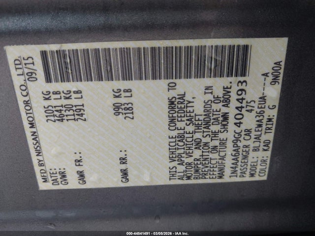 44541491 :رقم المزاد ، 1N4AA6AP9GC404493 vin ، 2016 Nissan Maxima 3.5 Sl مزاد بيع