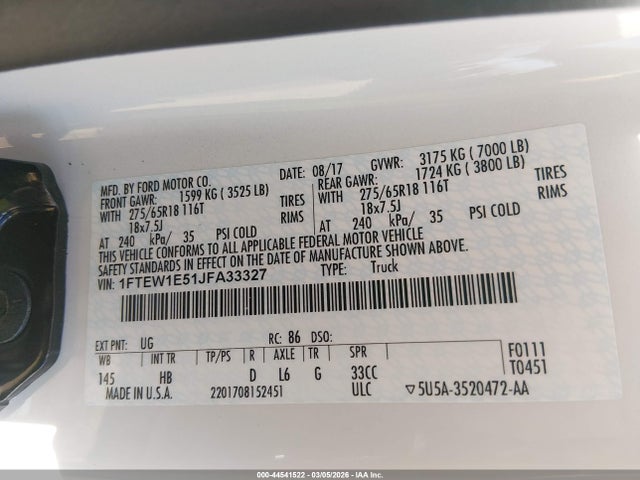 Продажа на аукционе авто 2018 Ford F-150 Lariat, vin: 1FTEW1E51JFA33327, номер лота: 44541522
