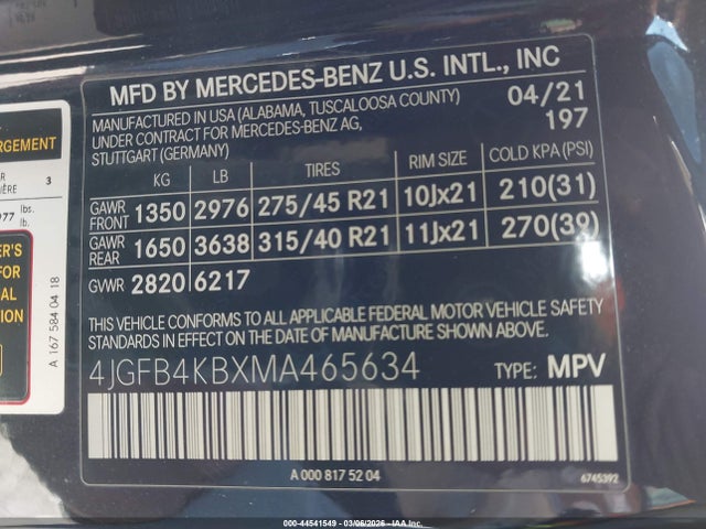 Продаж на аукціоні авто 2021 Mercedes-benz Gle 350 4matic, vin: 4JGFB4KBXMA465634, номер лоту: 44541549