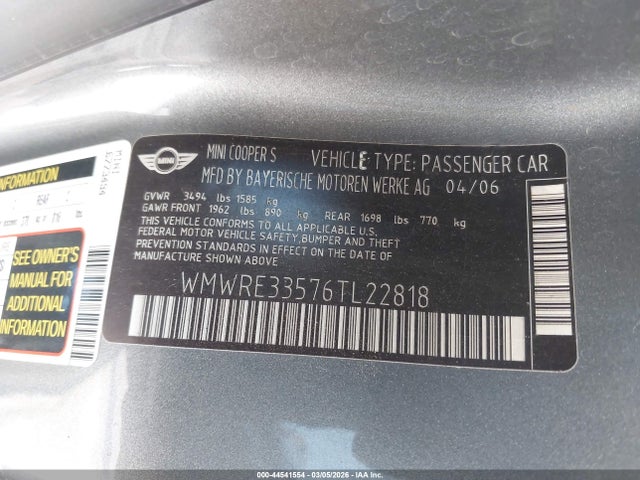 2006 MINI COOPER S WMWRE33576TL22818 Photo 8