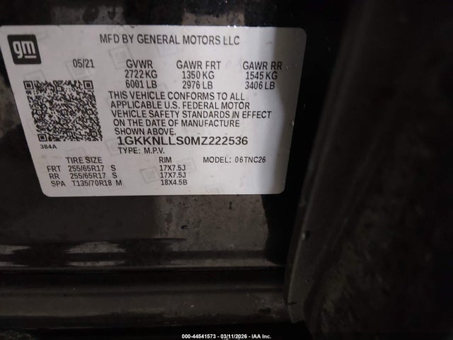 44541573 :رقم المزاد ، 1GKKNLLS0MZ222536 vin ، 2021 Gmc Acadia Awd At4 مزاد بيع