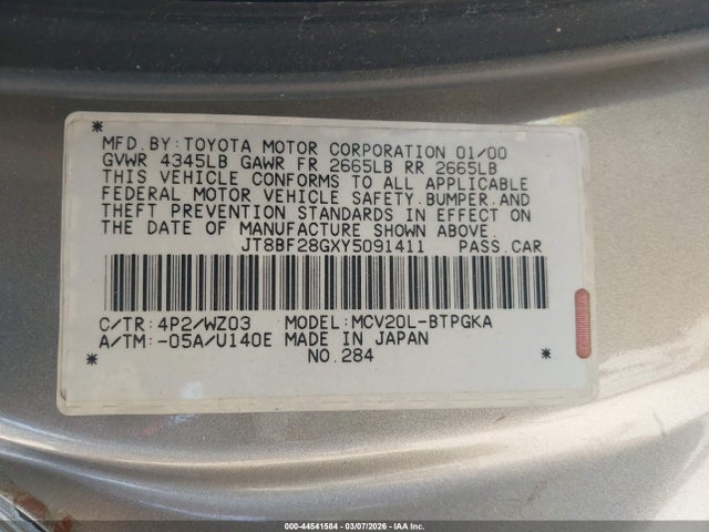 44541584 :رقم المزاد ، JT8BF28GXY5091411 vin ، 2000 Lexus Es 300 مزاد بيع