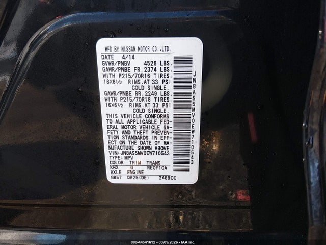 JN8AS5MV0EW710543 Nissan Rogue Select S