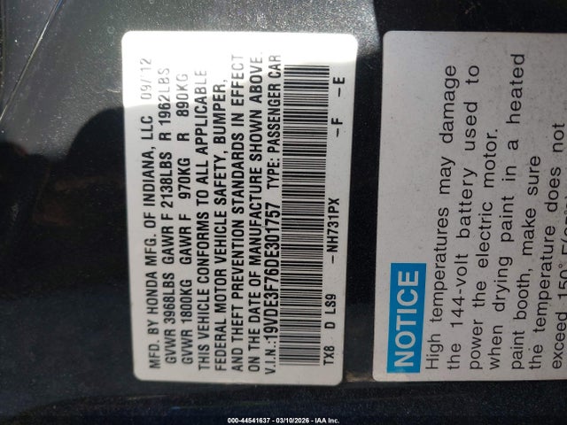 44541637 :رقم المزاد ، 19VDE3F76DE301757 vin ، 2013 Acura Ilx Hybrid 1.5l مزاد بيع
