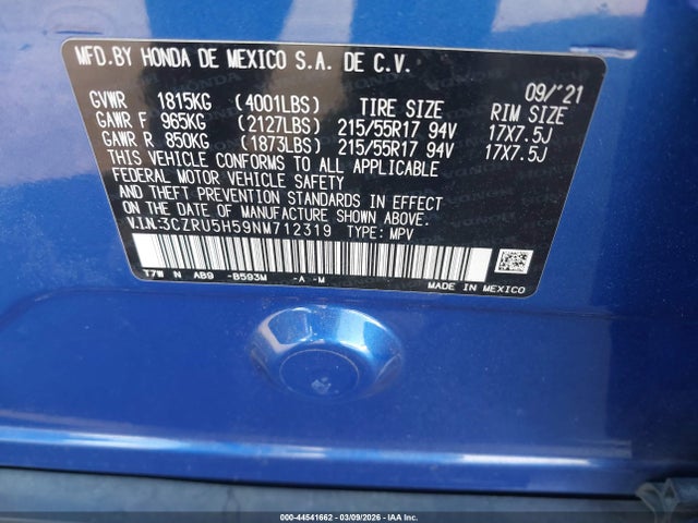 3CZRU5H59NM712319 Honda Hr-v 2wd Ex