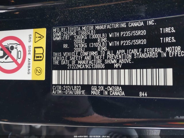 Aukcja sprzedaży 2019 Lexus Rx 350, vin: 2T2ZZMCA1KC138806, numer aukcji: 44541665