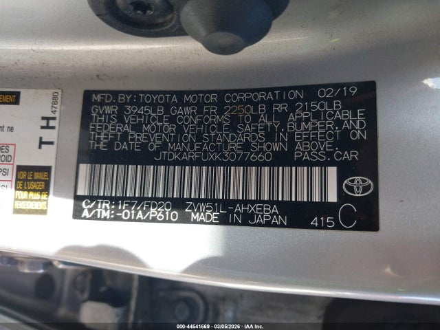 Toyota Prius Le 2019 JTDKARFUXK3077660 Image 9