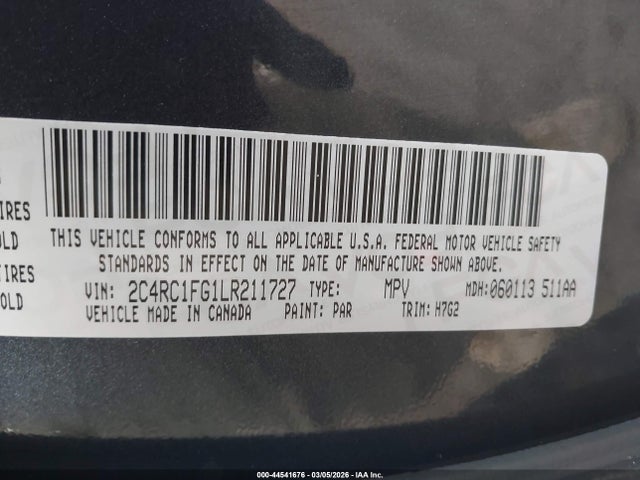 Продаж на аукціоні авто 2020 Chrysler Pacifica Touring, vin: 2C4RC1FG1LR211727, номер лоту: 44541676