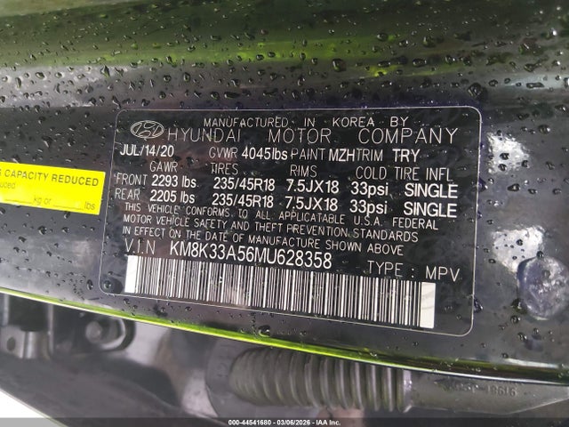 Aukcja sprzedaży 2021 Hyundai Kona Limited, vin: KM8K33A56MU628358, numer aukcji: 44541680
