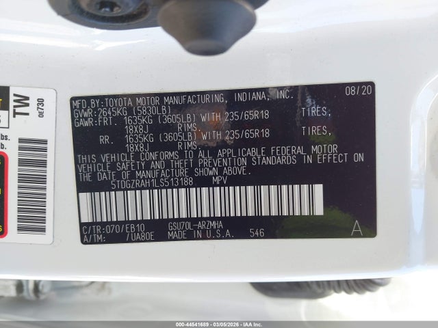5TDGZRAH1LS513188 Toyota Highlander Xle