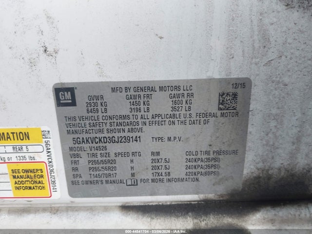 44541704 :رقم المزاد ، 5GAKVCKD3GJ239141 vin ، 2016 Buick Enclave Premium مزاد بيع