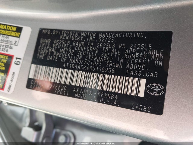 Aukcja sprzedaży 2025 Toyota Camry Le, vin: 4T1DAACK4SU119968, numer aukcji: 44541714