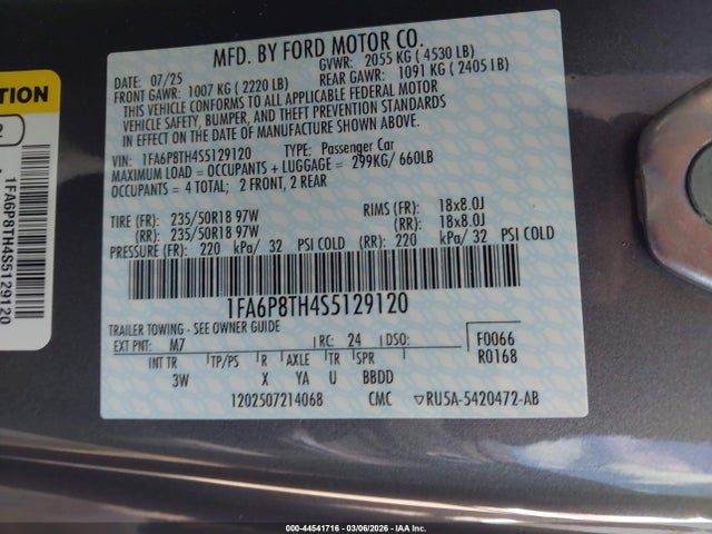 44541716 :رقم المزاد ، 1FA6P8TH4S5129120 vin ، 2025 Ford Mustang Ecoboost Premium Fastback مزاد بيع