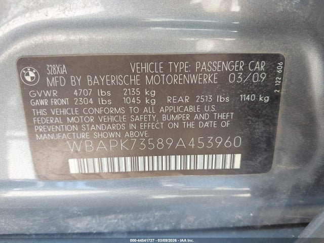 2009 Bmw 328i Xdrive მანქანა იყიდება აუქციონზე, vin: WBAPK73589A453960, აუქციონის ნომერი: 44541727