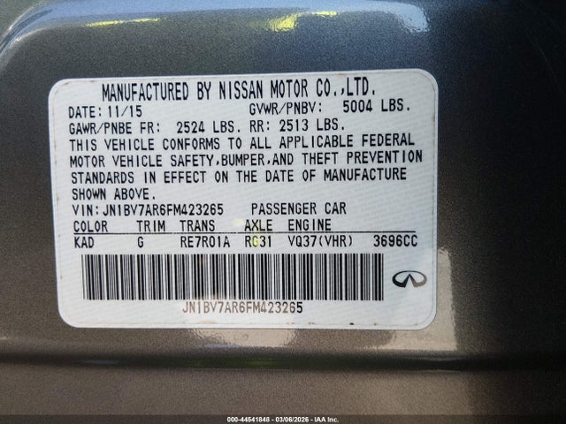 Продажа на аукционе авто 2015 Infiniti Q50 Premium, vin: JN1BV7AR6FM423265, номер лота: 44541848