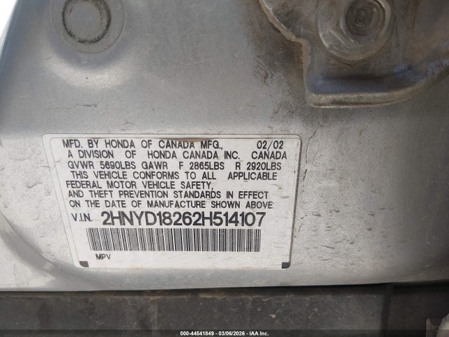 2002 Acura Mdx მანქანა იყიდება აუქციონზე, vin: 2HNYD18262H514107, აუქციონის ნომერი: 44541849